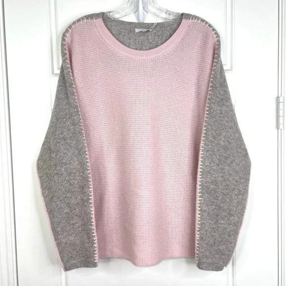 JOHNNY WAS CALME 100% Cashmere Color Block Waffle Sweater NEW Size M Pink Gray